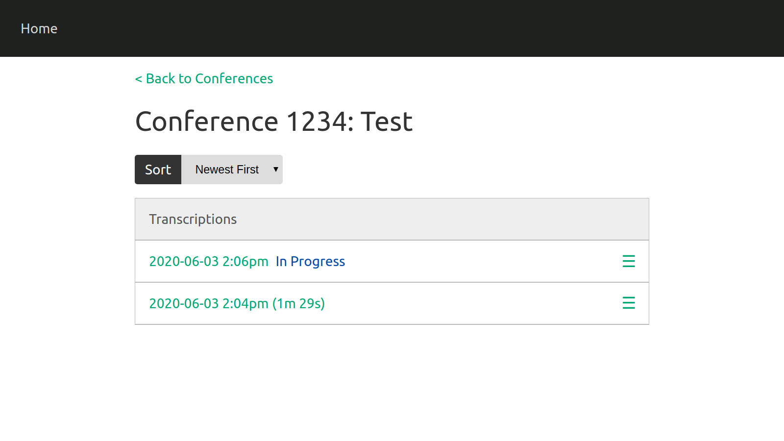 Screenshot of a full stack application that manages conference bridges and call transcriptions, built by James Nuanez.