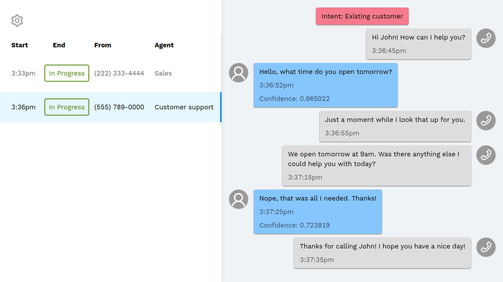 Screenshot of a front end that presents a chat-style view of call transcriptions in real time, built by James Nuanez.